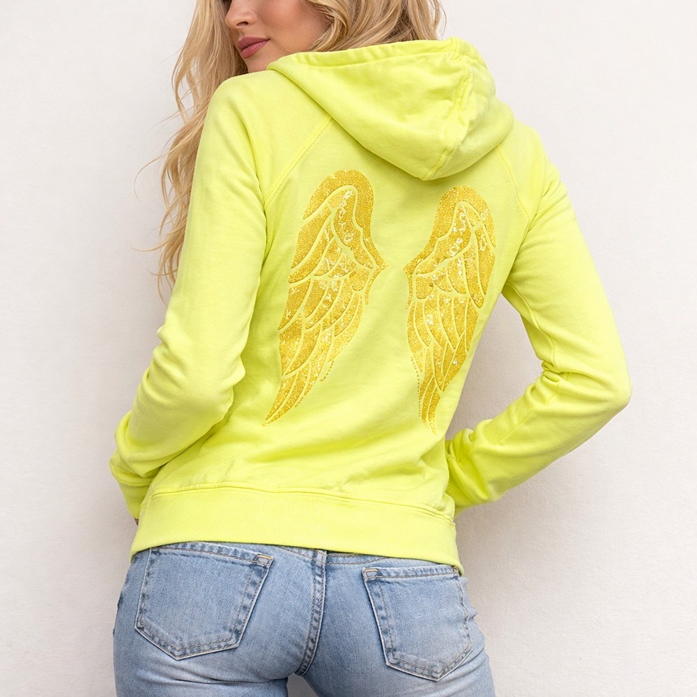 Y2K Victorias Secret Angel Wings Zip Up Hoodie M Neon Yellow Bling Supermodel‎